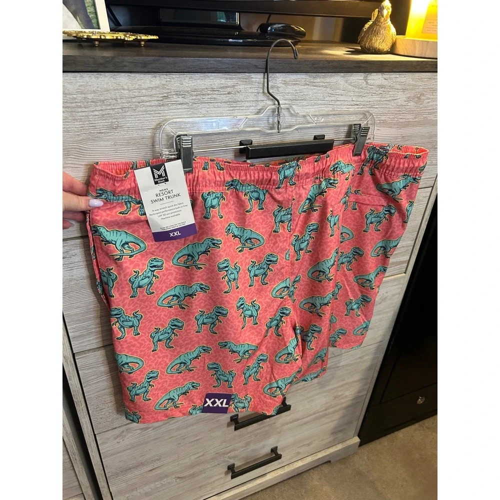 Members Mark Mens Resort Swim Trunks Pink Blue T-Rex Dinosaur Compression XXL